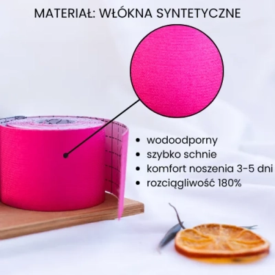 Zbliżenie na włókna syntetyczne tejpów 5e ACTION w kolorze różowym – wodoodporne i szybkoschnące.